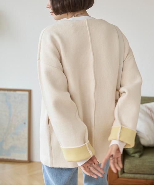 ANGIE カーディガン ノーカラー 配色 ニットコート レディース