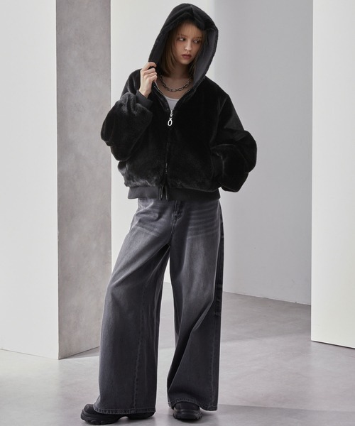 総丈85㎝ フード付き ファーコート リバーシブル XL相当 AA137 Loose（ルース） コート ジャケット リバーシブルダックファー