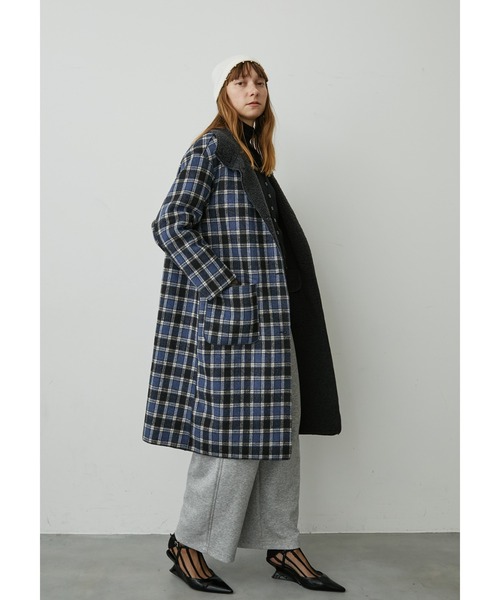 uyu. コート チェスターコート リバーシブルボアチェックロングコート