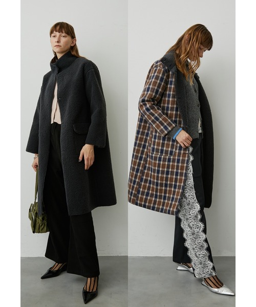 uyu. コート チェスターコート リバーシブルボアチェックロングコート