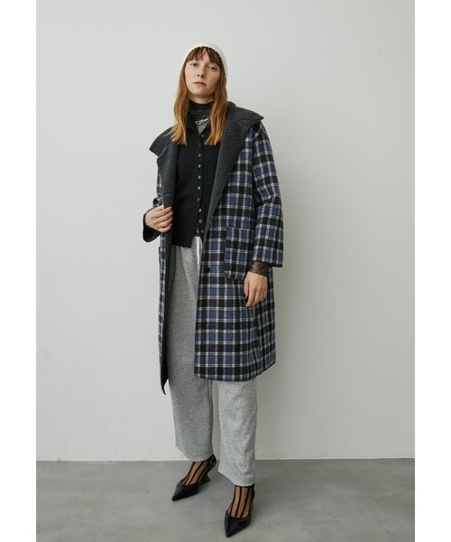 uyu. コート チェスターコート リバーシブルボアチェックロングコート