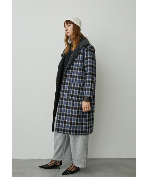 uyu. コート チェスターコート リバーシブルボアチェックロングコート