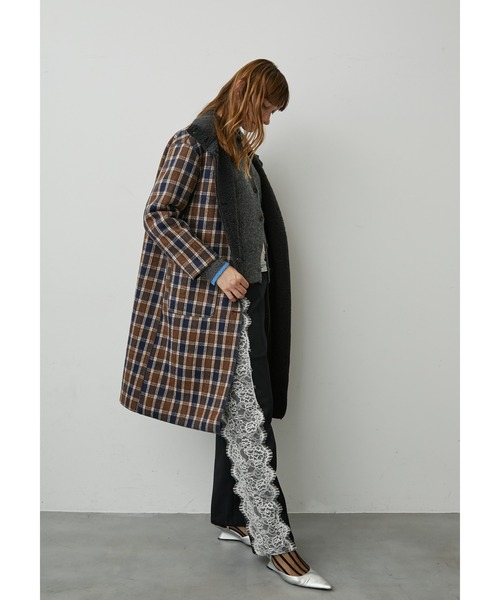 uyu. コート チェスターコート リバーシブルボアチェックロングコート