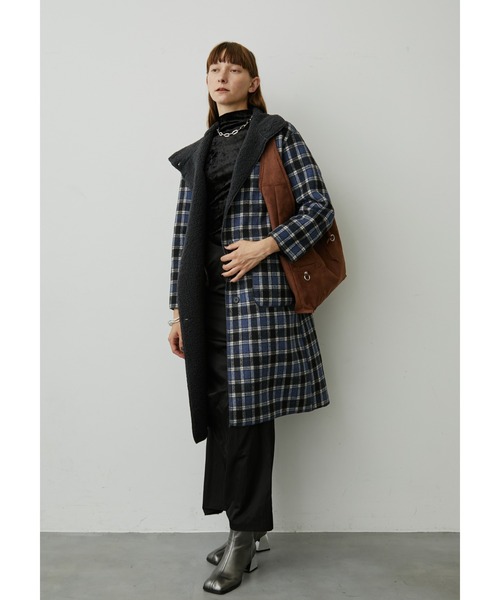 uyu. コート チェスターコート リバーシブルボアチェックロングコート
