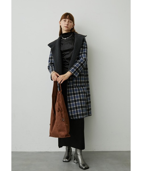 uyu. コート チェスターコート リバーシブルボアチェックロングコート
