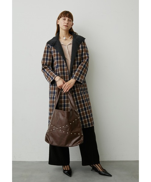 uyu. コート チェスターコート リバーシブルボアチェックロングコート