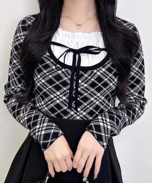 INGNI（イング） ニット セーター フロントフリルドッキングチェック柄