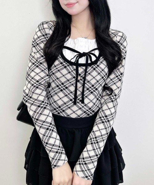 INGNI（イング） ニット セーター フロントフリルドッキングチェック柄