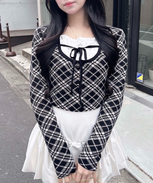 INGNI（イング） ニット セーター フロントフリルドッキングチェック柄