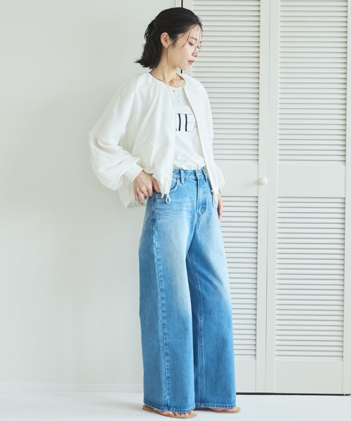 ブルゾン アウター 麻調シアーネックギャザーブルゾン レディースの画像