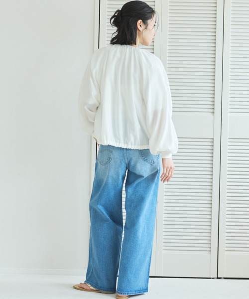 ブルゾン アウター 麻調シアーネックギャザーブルゾン レディースの画像