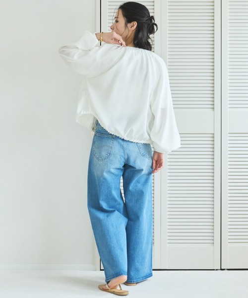ブルゾン アウター 麻調シアーネックギャザーブルゾン レディースの画像
