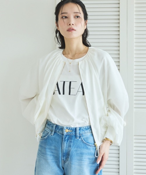 ブルゾン アウター 麻調シアーネックギャザーブルゾン レディースの画像