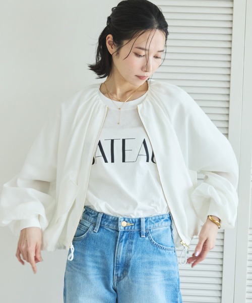 ブルゾン アウター 麻調シアーネックギャザーブルゾン レディースの画像