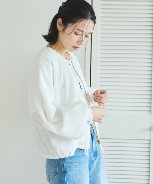 ブルゾン アウター 麻調シアーネックギャザーブルゾン レディースの画像