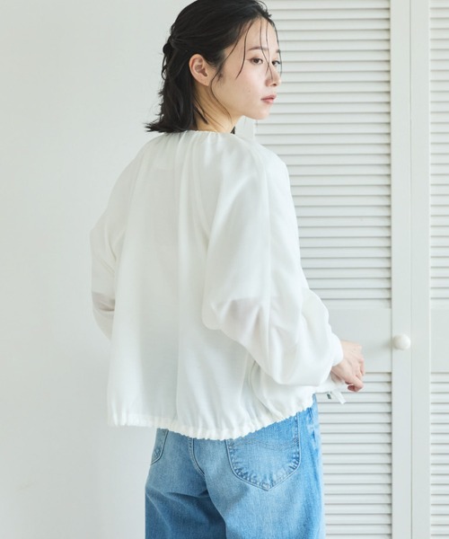 ブルゾン アウター 麻調シアーネックギャザーブルゾン レディースの画像