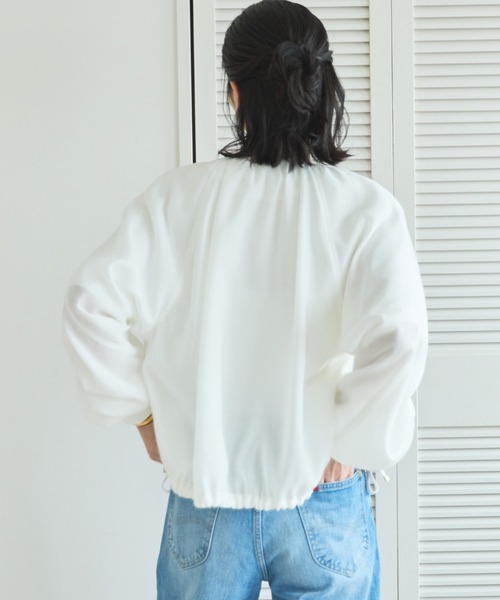 ブルゾン アウター 麻調シアーネックギャザーブルゾン レディースの画像