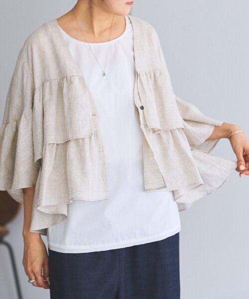 ⭐︎美品⭐︎【ビアズリー】リネンフリル　羽織り　ノーカラージャケット　カーキ BEARDSLEY（ビアズリー） コート アウター リネンフリル羽織