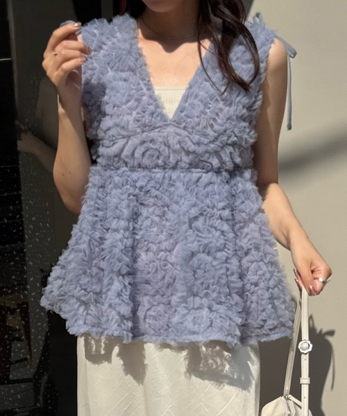 ORGUE 美品 フラワーチュールブラウス ペプラム 立体モチーフ シアー 現行 JUNOAH（ジュノア） ブラウス シャツ ペプラムフラワーチュール