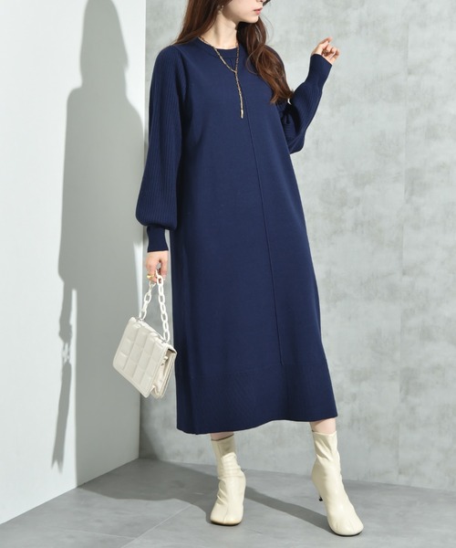 ネイビー 長袖 ニットワンピース INTERPLANET（インタープラネット） ワンピース 袖リブデザインニット