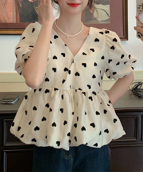 【タイムセール中！】チェック柄パフスリーブトップス Blue Plaid Puff Sleeve Top/ブルーチェック柄パフスリーブトップス