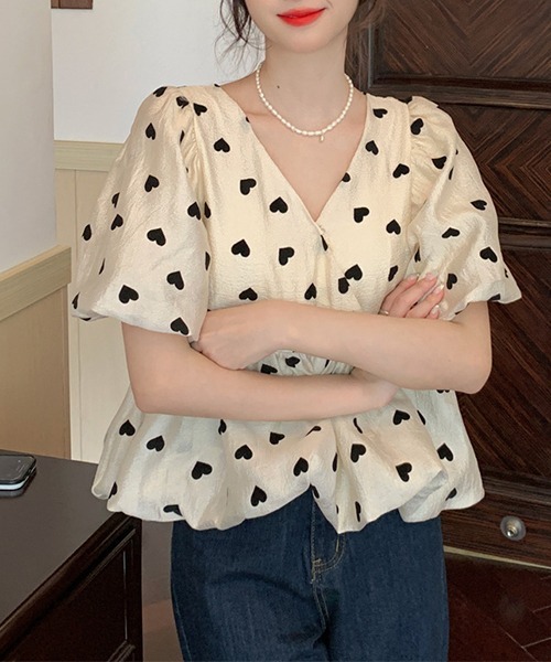 新品未使用【ドルチェ&ガッバーナ】　ドットパフスリーブ半袖ブラウス　36 gossip!ロサンゼルス ブラウス シャツ Vネック ハート柄パフスリーブ