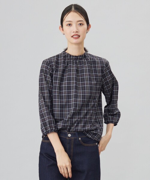 tシャツ プロビスストライプチェック フリルネック カットソー レディース tシャツ プロビスストライプチェック フリルネック カットソー