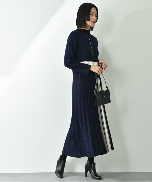 【HOUSE OF LOTUS】ボートネック サイドスリットワンピース M 紺 セール】ムースタッチニットサイドスリットワンピース〈大きいサイズ有