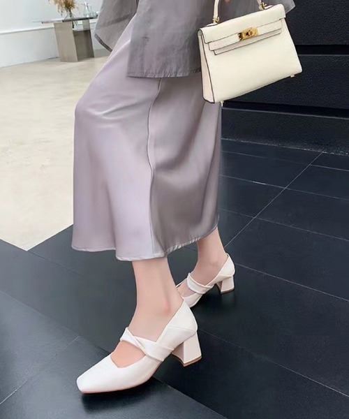 パンプス レザー調 チャンキー ハイヒール ベルト付き パンプス