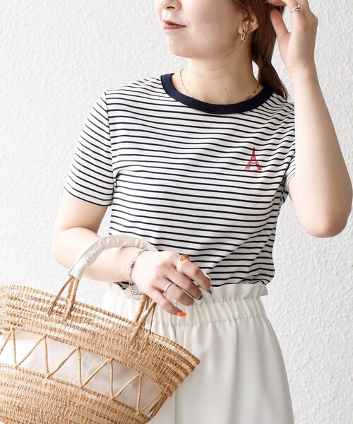 tシャツ 「SHIPS any別注」PETIT BATEAU: ロゴ プリント コンパクト ボーダー TEE 25SS レディース