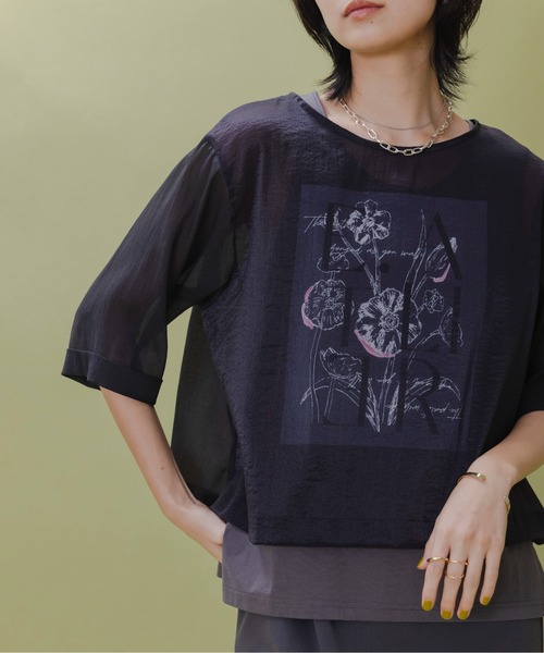 tシャツ シアーレイヤード プリントトップス レディース