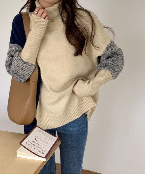 「emi+」 タートルネックニット FREE ネイビー レディース_画像3