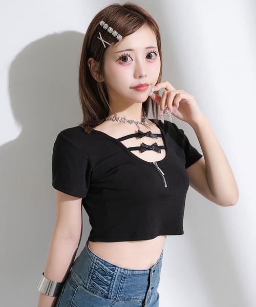 リベイロ　クロップド丈 半袖 Diable baiser（ディアブルベーゼ） tシャツ 半袖 リボン付ビジュー
