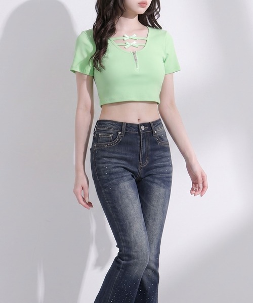 Diable baiser（ディアブルベーゼ） tシャツ 半袖 リボン付ビジュー