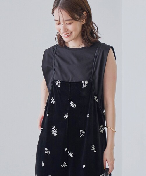 coen サロペット オーバーオール フラワー刺繍ベロアサロペット