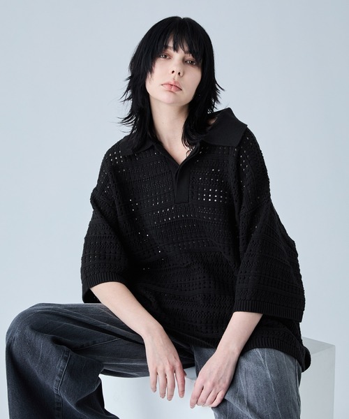 「VELNUS」 半袖ニット M チャコールグレー メンズ_画像7