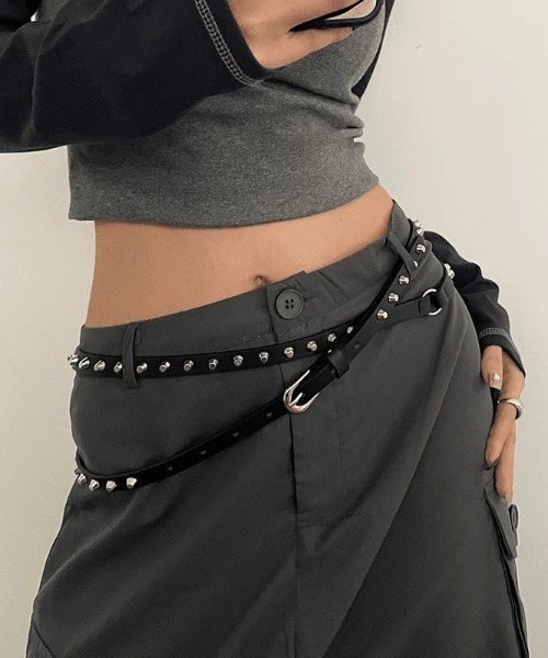 lilful ベルト Y2K ロックスタッズ 2連ロング細ベルト レディース