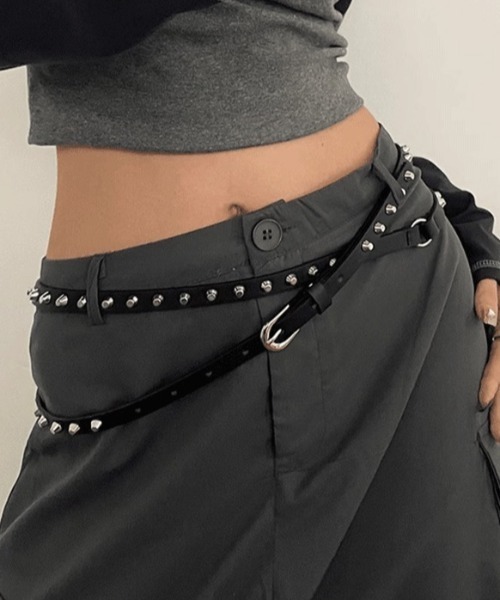 lilful ベルト Y2K ロックスタッズ 2連ロング細ベルト レディース