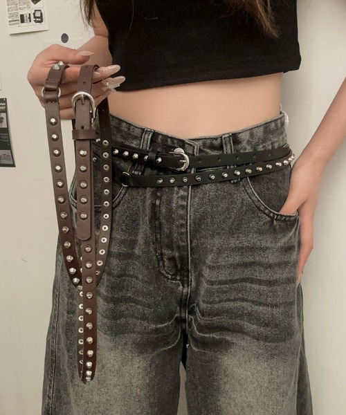 lilful ベルト Y2K ロックスタッズ 2連ロング細ベルト レディース