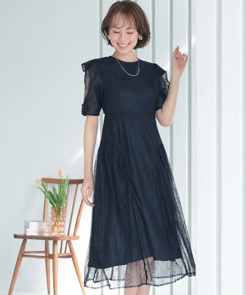 「PourVous」 「haremode」半袖ワンピース M ネイビー レディース_画像2