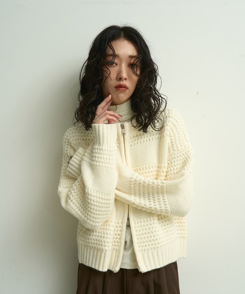 カーディガン Pattern knit double-zip cardigan / パターン編みダブル
