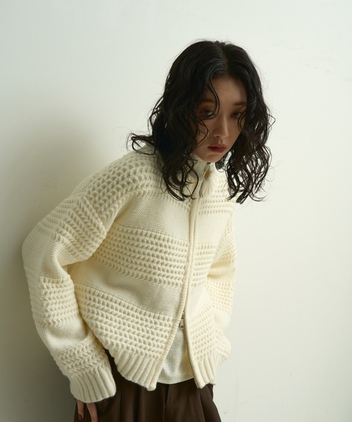 サ*ー様 ジグザグパターン カーディガン Mサイズ カーディガン Pattern knit double-zip cardigan / パターン編みダブル