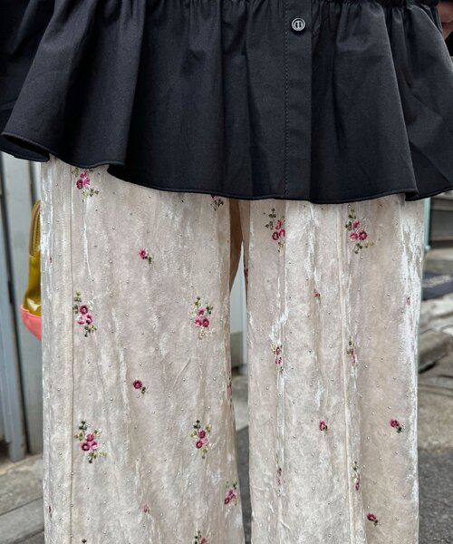 CIAOPANIC（チャオパニック） パンツ ラインストーンフラワー刺?ベロア