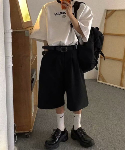 B.R.U ハーフパンツ ワイドパンツ スラックス ダブルタックハーフ