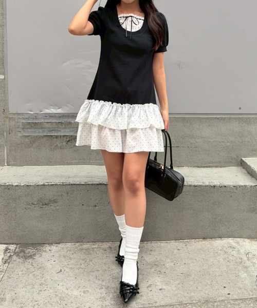 continuer de NICE CLAUP ワンピース 半袖 リボンドッキングミニOP