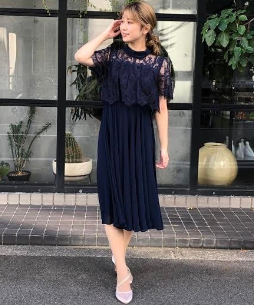 ドレス Cupid Heart 結婚式 二次会 ちょとしたお食事会におすすめドレス ロールカラーネック デコルテシアー切替レースレイヤードワンピース Zozotown Paypayモール店 通販 Paypayモール