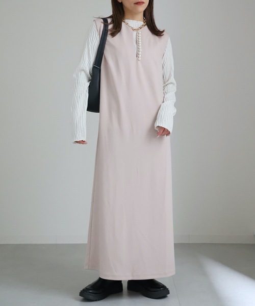 カジュアル ノースリーブ ラウンドネック パール付き ワンピース She's Closet ワンピース 襟タックパール付きノースリーブロング