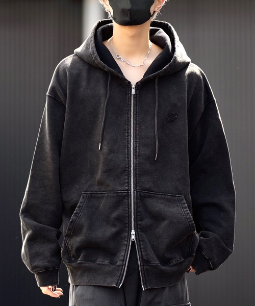 【CLEL】ヘビーウェイト ロゴ刺繍フルジップパーカーヴィンテージチャコールS CLEL】Heavy Weight Logo Embroidered Full-Zip Hoodie