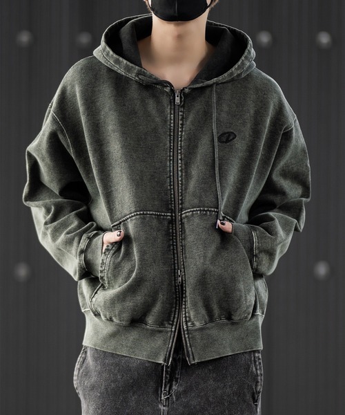 CLEL クレイル　ヘビーウェイトロゴ刺繍フルジップパーカー　チャコールグレーS CLEL】Heavy Weight Logo Embroidered Full-Zip Hoodie