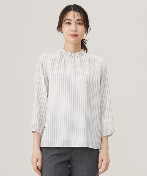 tシャツ プロビスストライプチェック フリルネック カットソー レディース